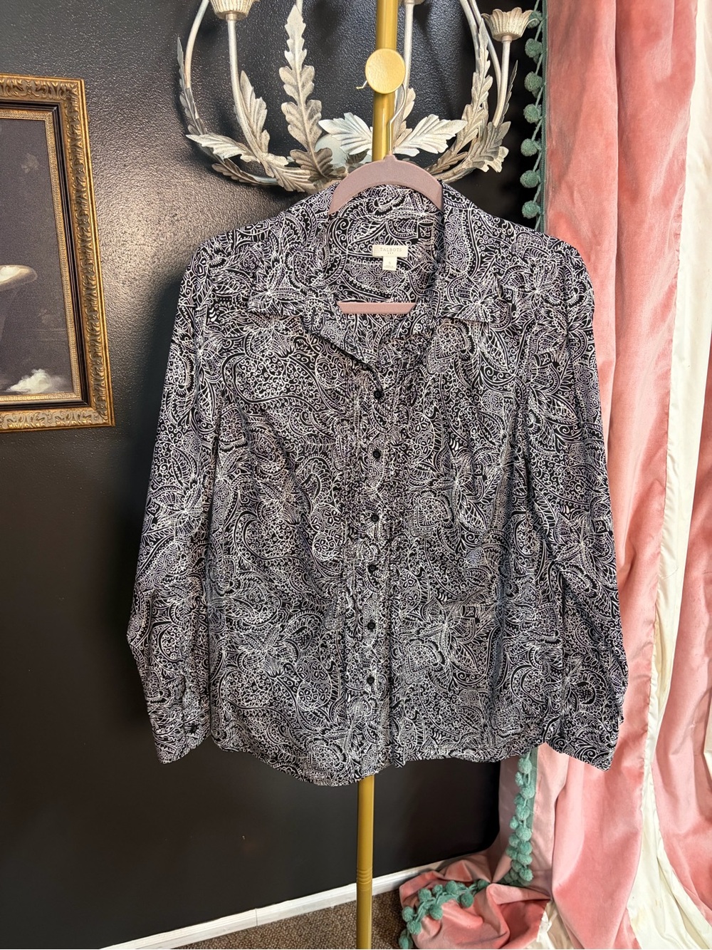 Talbots Black & White Paisley Button-Up Blouse